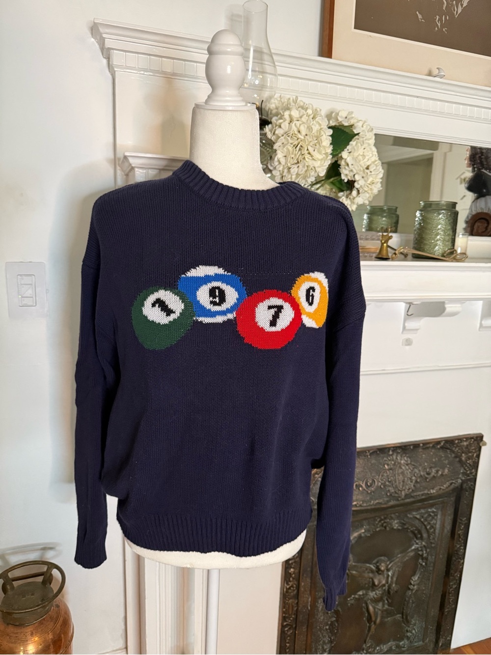 100% Cotton. Edikted Navy Crewneck Sweater with Colorful Pool Ball Motif